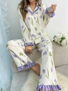 CottageSlumber Women's Tulip Printed Ruffled Hem Pajama Set Holiday Season, Fall Clothes  Cozy And Elegant Details - Apricot - View 3