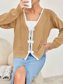 SHEIN Cottnline Women's Edge Bow Cardigan - Camel - View 5
