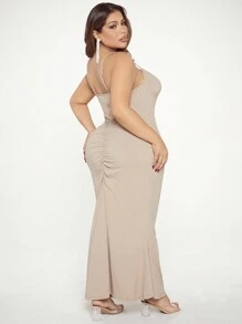 SHEIN SXY 大尺碼女用褶襉魚尾吊帶洋裝 - 卡其色 - 查看 2