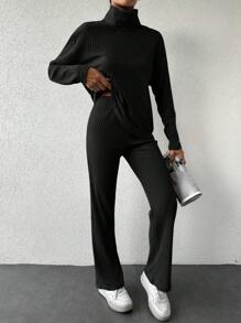 EURMUSE 2pcs/Set Solid Color Turtleneck T-Shirt And Pants - Black - View 6