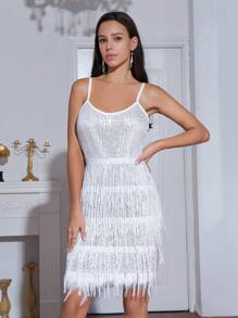 SHEIN Teen Girls' Plush Trim Glittery Spaghetti Strap Dress, Perfect For Wedding, Evening Party Or Birthday Party, Autumn/winter - White - View 4