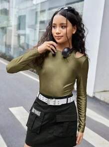 Teen Girls' Knitted Elasticity Pu Leather Shoulder Cutout Long Sleeve Sports T-shirt