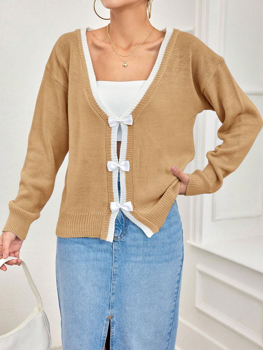 SHEIN Cottnline Women's Edge Bow Cardigan - Camel - View 1
