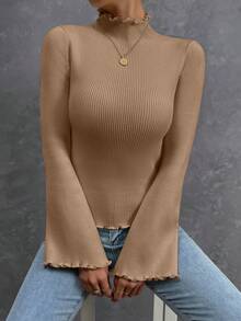 SHEIN Essnce 荷葉邊細部打底修身喇叭袖立領毛衣 - 卡其色 - 查看 4