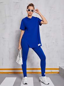 SHEIN 青少女編織字母拼接連帽t恤和緊身褲套裝 - 藍色 - 查看 1