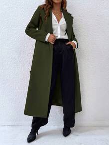 SHEIN LUNE Solid Color Turn-down Collar Waist-cinched Long Sleeves Long Woolen Coat - Army Green - View 4