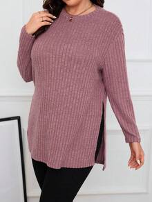 SHEIN Frenchy 大尺碼純色長袖t恤,配有分裂式下擺 - 藕粉色 - 查看 6