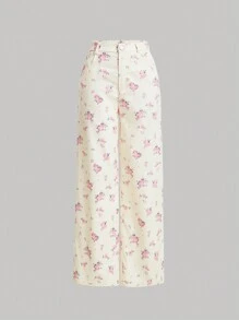 SHEIN MOD Pantalones de mujer con estampado completo y diseño con botones - Multicolor - Ver 1