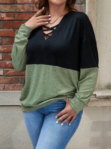 SHEIN LUNE Ladies Plus Size Color Block Cross Tie Dropped Shoulder Sweatshirt - Green - View 4