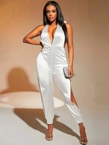 SHEIN SXY 舞會性感裝交叉吊帶開叉深v領女式緊身背心連體褲,由緞面製成 - 白色 - 查看 5