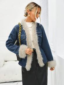 SHEIN Privé Denim Jacket With Fleece Collar, Contrast Stitch, Double Chest Pocket Design - Medium Wash - View 3