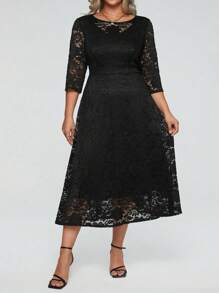 SHEIN Clasi Maxikleid in A-Linie für Damen mit Spitze in Unifarbe, Große Größen