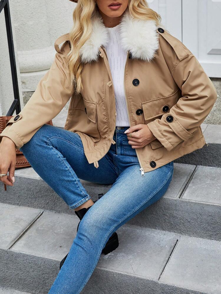 Ladies' Short Padded Padded Coat Clothes Winter With Fur Collar And Shoulder Button Design Fall Cloth For Women