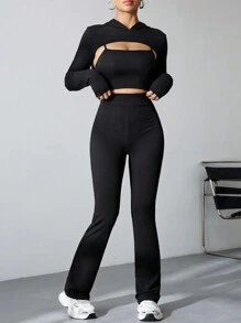 SHEIN Unity Ladies' Plain Three-Piece Set: Spaghetti Strap Top, Cropped Hoodie, And Long Pants - Black - View 6