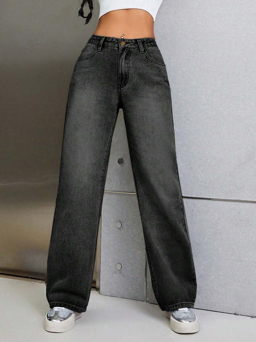 SHEIN EZwear 高腰直筒牛仔褲 - 黑色 - 查看 1