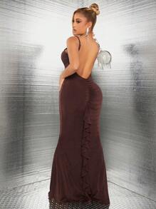 SHEIN SXY 性感服裝俱樂部女士純色褶皺修身露背連衣裙,配褶邊及人魚裙擺 - 棕色 - 查看 7