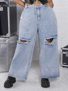 SHEIN CURVE+ 大碼破洞闊腿牛仔褲 - 淺色水洗藍 - 查看 6