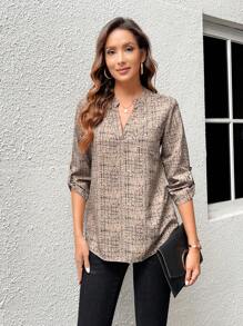 EMERY ROSE 女士春季全印花缺口领 3/4 袖衬衫 - 棕色 - 查看 4