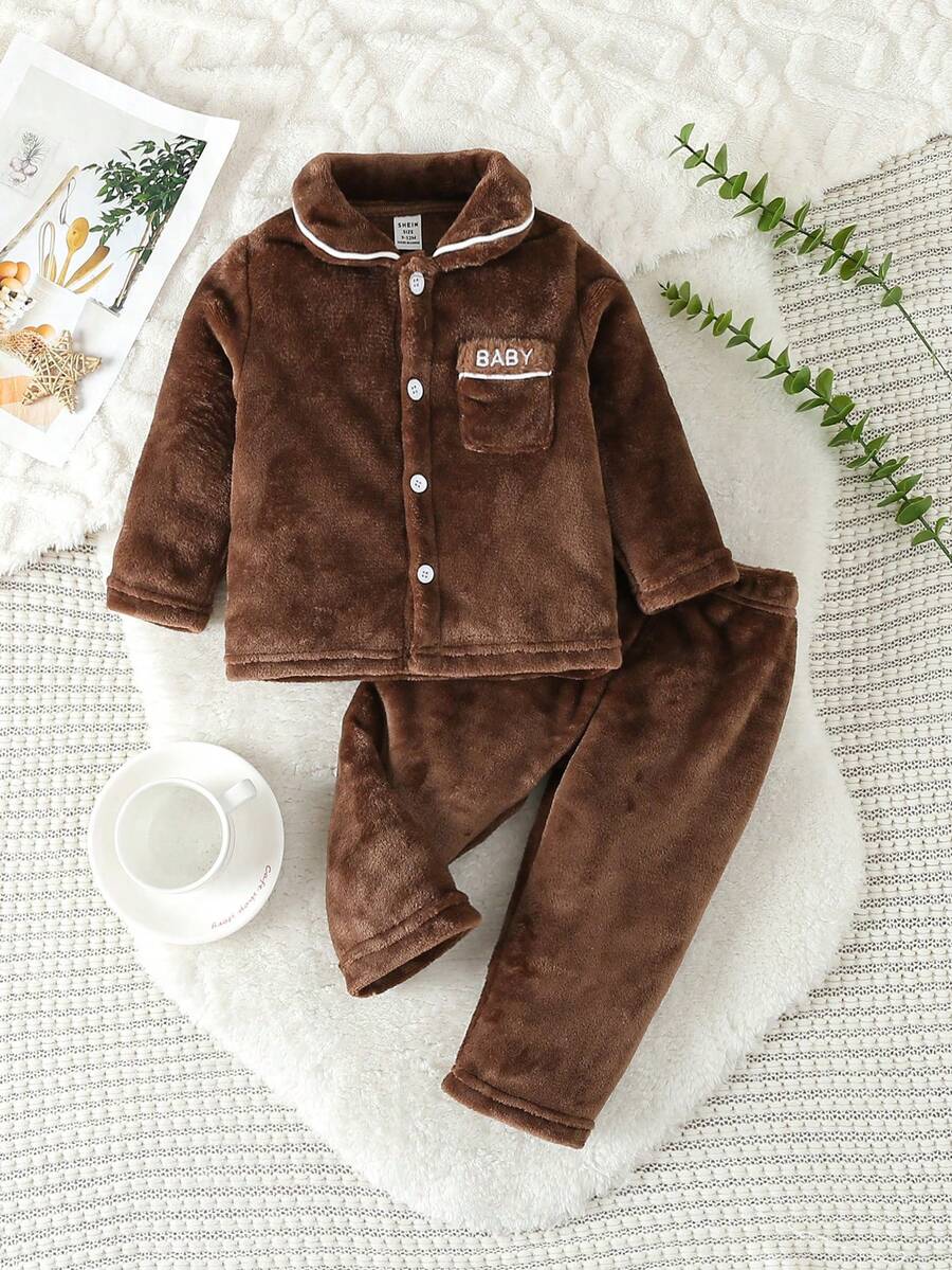 SHEIN Baby Boy Letter Embroidery Contrast Piping Flannel PJ Set - Coffee Brown - View 1