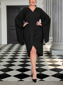 SHEIN Privé Women's Plus Size V Neck Bell Sleeve Waist Dress - Black - View 5