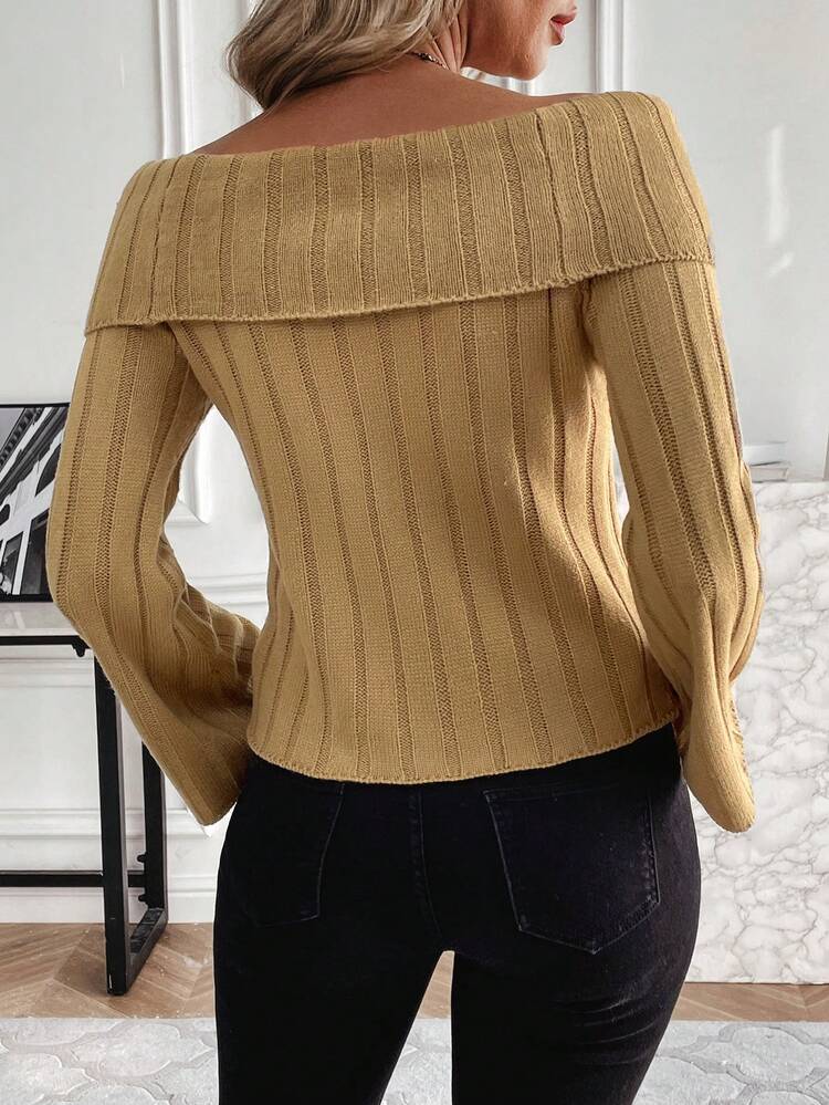 Women's Off-Shoulder Ribbed Knit Pullover Fall Winter Sweater