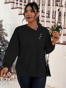 SHEIN LUNE Kích thước lớn Chi tiết Nút Thả vai Áo nỉ - màu đen - Xem 3