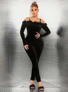 SHEIN SXY 性感女士黑色高領露肩連體襪，採用針織材料，適用於新年 - 黑色 - 查看 6