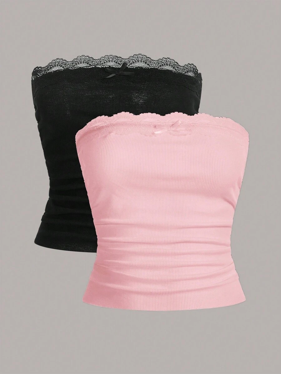 SHEIN EZwear 2 Piezas Tops Sin Tirantes Ajustados De Encaje Con Parches - Rosa - Ver 1