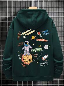 Manfinity Men Plus Astronaut & Slogan Graphic Kangaroo Pocket Drawstring Hoodie - Green - View 4