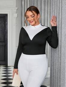 SHEIN Privé 大尺碼拼色長袖t卹 - 黑與白 - 查看 5