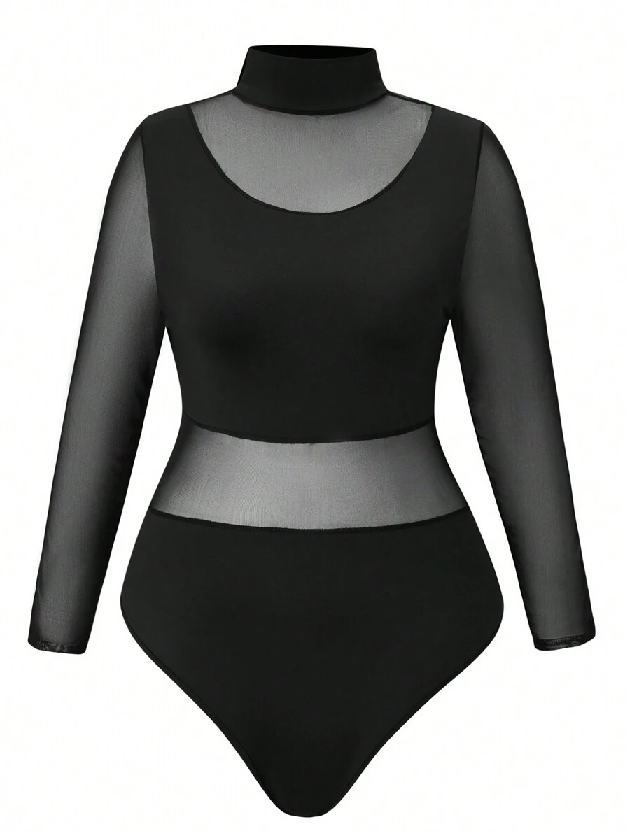 SHEIN LUNE Của phụ nữ Kích thước lớn Đứng cổ áo Lưới Nối Áo liền quần chặt - màu đen - Xem 1