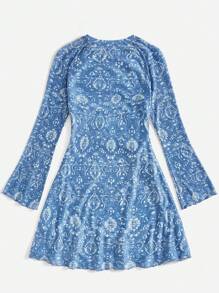 SHEIN VCAY Floral Printed Drawstring Bell Sleeve Women's Dress - Black - View 2