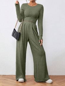 SHEIN Essnce 女士修身剪裁短上衣和褲子套裝 - 綠色 - 查看 5