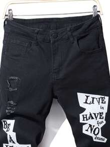 Manfinity EMRG Men's Letter Print Ripped Jeans - Black - View 3