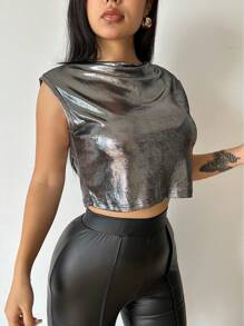 Zolique Kim loại cổ áo xếp nếp Quần skinny Áo ba lỗ - Bạc - Xem 7
