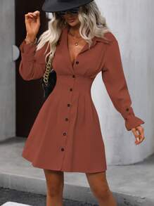 SHEIN LUNE 女士束腰襯衫連衣裙 - 紅木色 - 查看 4