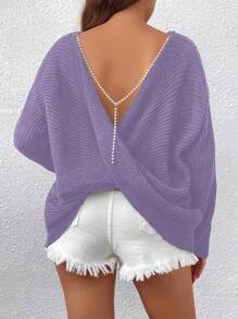 Celure Áo len chui đầu thả vai chuỗi ngọc trai cỡ lớn cho nữ - Màu tím - Xem 1