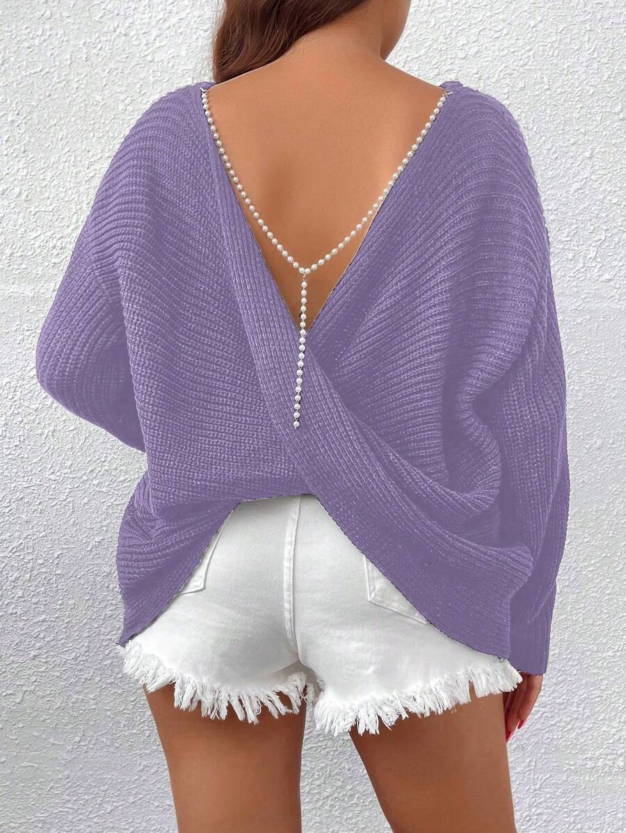 Celure Áo len chui đầu thả vai chuỗi ngọc trai cỡ lớn cho nữ - Màu tím - Xem 1
