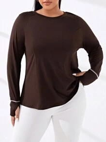 Street Sport Plus Contrast Top-stitching Raglan Sleeve Sports Tee - Coffee Brown - View 5