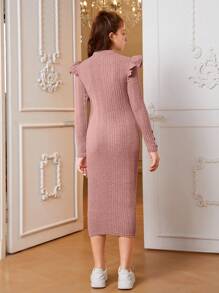 青少女針織毛茸茸質地連衣裙，配以肋狀袖口和鈕扣裝飾 - 粉色 - 查看 2