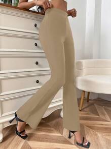 SHEIN Privé 女士彈性腰喇叭褲 - 杏色 - 查看 3