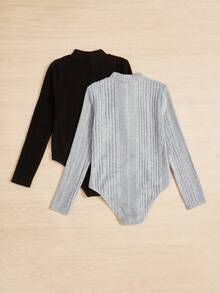 SHEIN Cô gái Tween Dệt kim Màu thuần Đứng cổ áo Áo liền quần chặt ( 2 Miếng ) Bộ - Nhiều màu - Xem 2