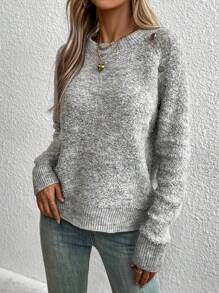 SHEIN LUNE Áo len nữ cổ tròn tay raglan dệt kim mùa thu đông - Xám - Xem 4