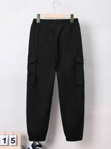 SHEIN 男童運動款實色休閒貨物褲 - 黑色 - 查看 2