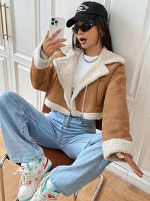 SHEIN EZwear Women's Woven Biker Jacket With Color Block And Turn-Down Collar,Ladies Late Fall Casual Zipper Regular Sleeve Lapel Loose Mocha Brown Colorblock,Plain Women Jackets,Winter Warmth/ Winter Fashion - Mocha Brown - View 2