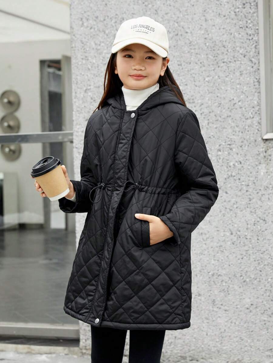 SHEIN Tween Girls' Hooded Solid Color Weaved Padded Coat With Thermal Lined , Mid-Long Length - Dusty Pink - View 1