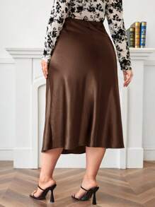 SHEIN Privé Plus Size Women's Solid Color Skirt - Coffee Brown - View 2