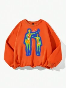 SHEIN EZwear Áo nỉ nữ cỡ lớn cổ tròn dài tay in nhiệt đơn giản & tối giản, thích hợp cho mùa thu đông - trái cam - Xem 1