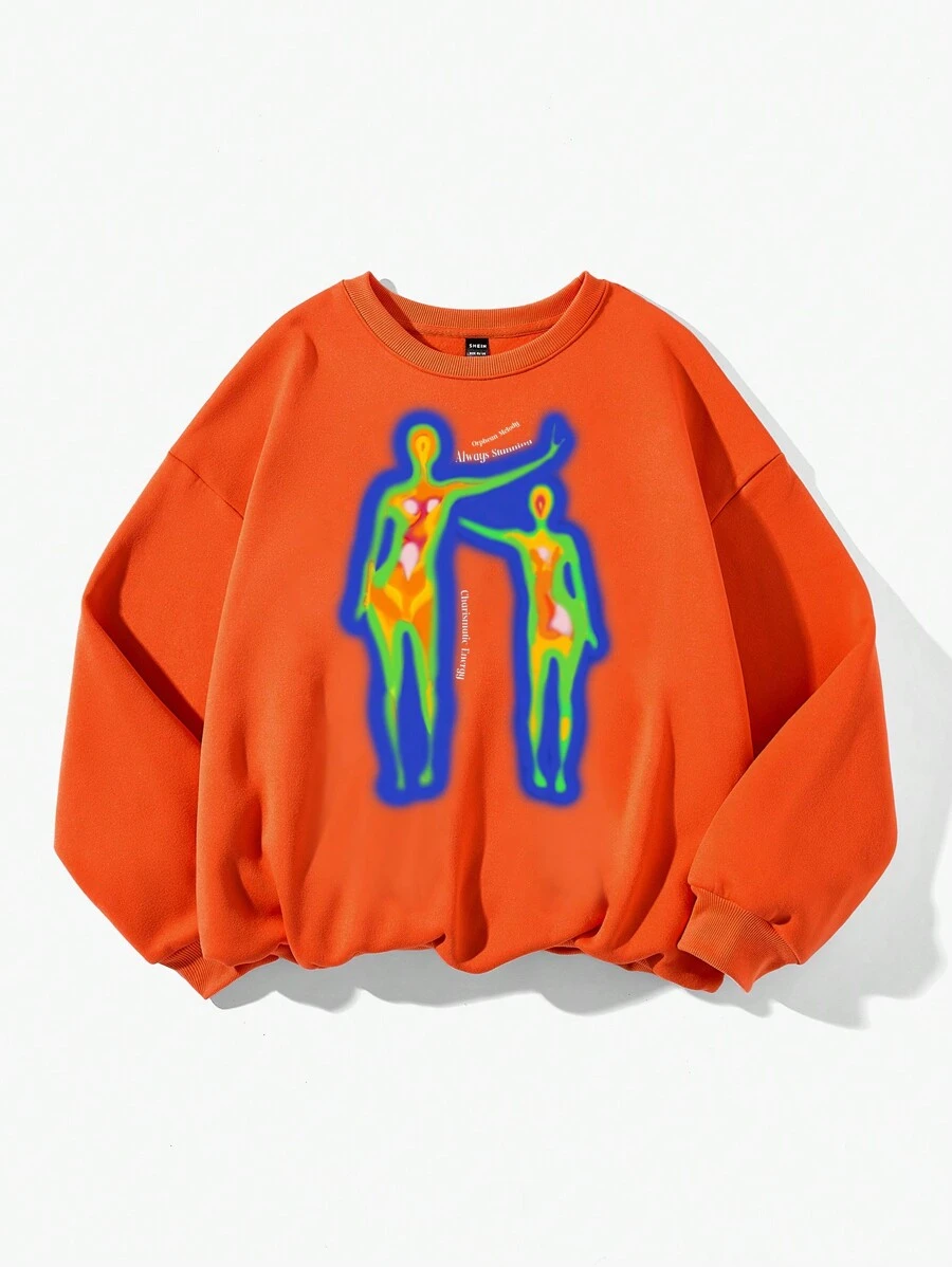 SHEIN EZwear Áo nỉ nữ cỡ lớn cổ tròn dài tay in nhiệt đơn giản & tối giản, thích hợp cho mùa thu đông - trái cam - Xem 1