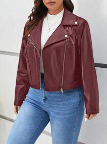 SHEIN Frenchy Plus Zip Up PU Leather Moto Jacket - Burgundy - View 4